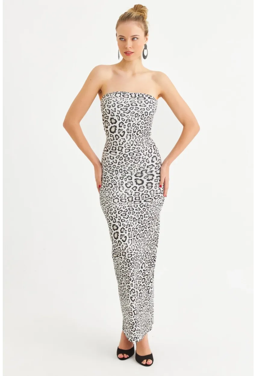 Kadın Camel-Siyah Leopar Desen Straplez Yırtmaçlı Midi Elbise XC005
