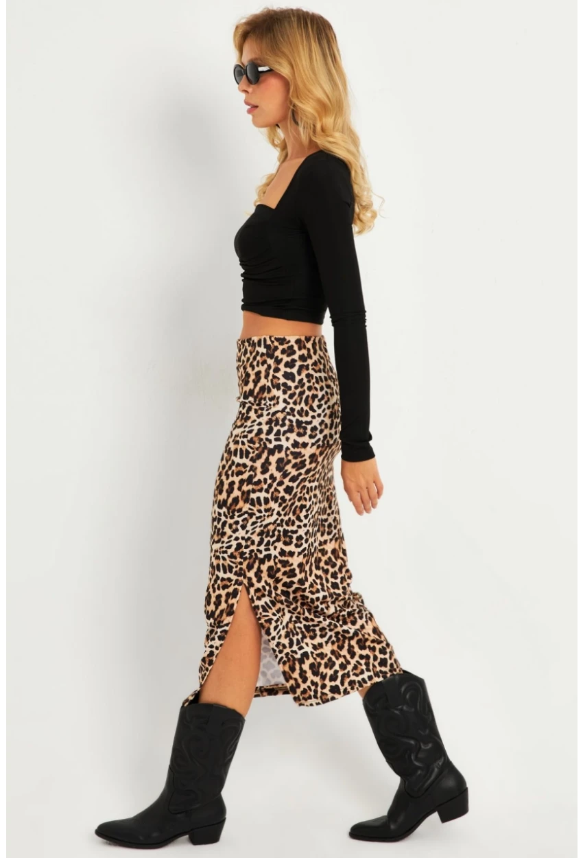 Kadın Camel-Siyah Leopar Desenli Midi Etek YLE21