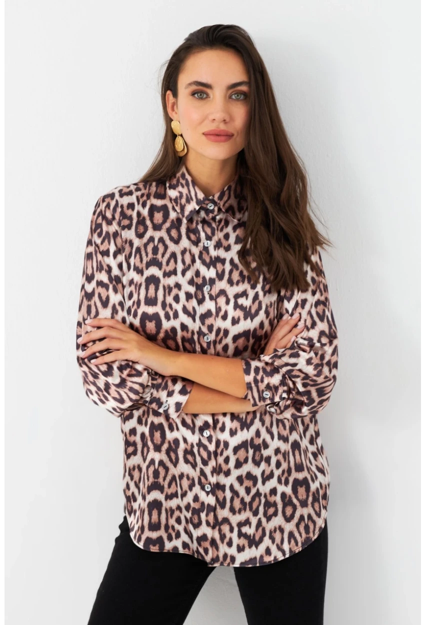 Kadın Camel-Siyah Leopar Desenli Saten Gömlek MRAD5901-1
