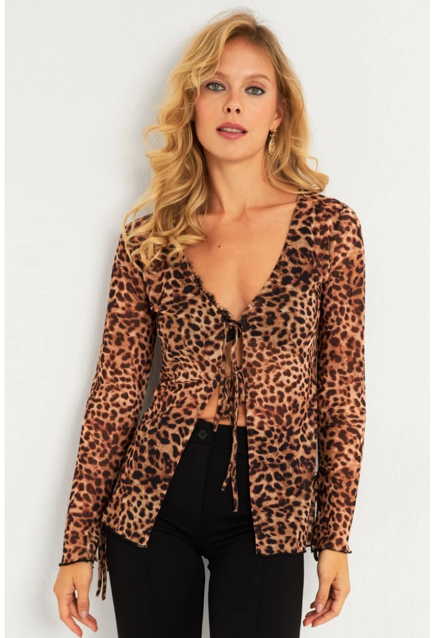 Kadın Camel-Siyah Leopar Desenli Tül  Bluz GÇ175