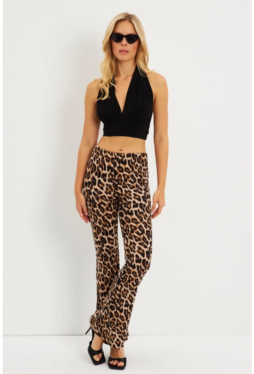 Kadın Camel-Siyah Leopar İspanyol Paça Pantolon LPP1278