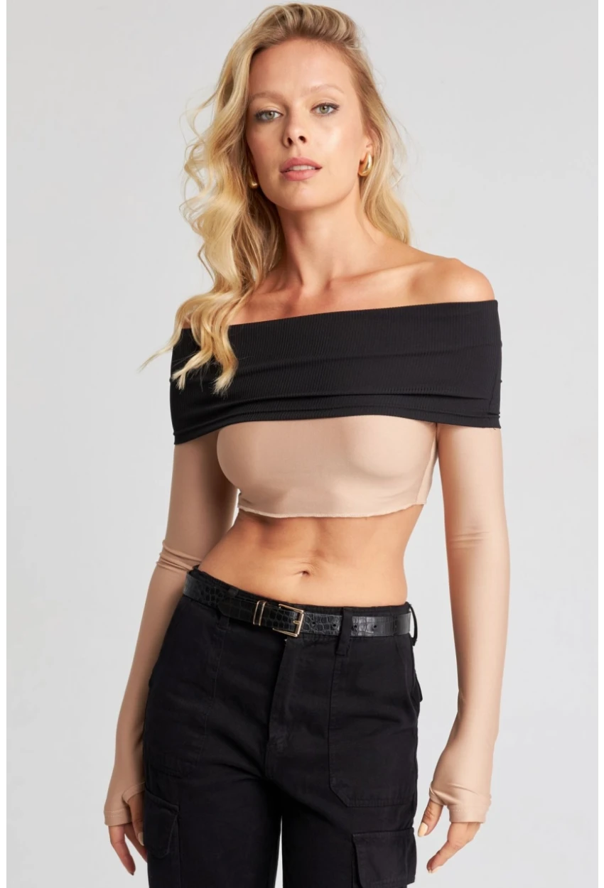 Kadın Camel-Siyah Madonna Crop Bluz CG322