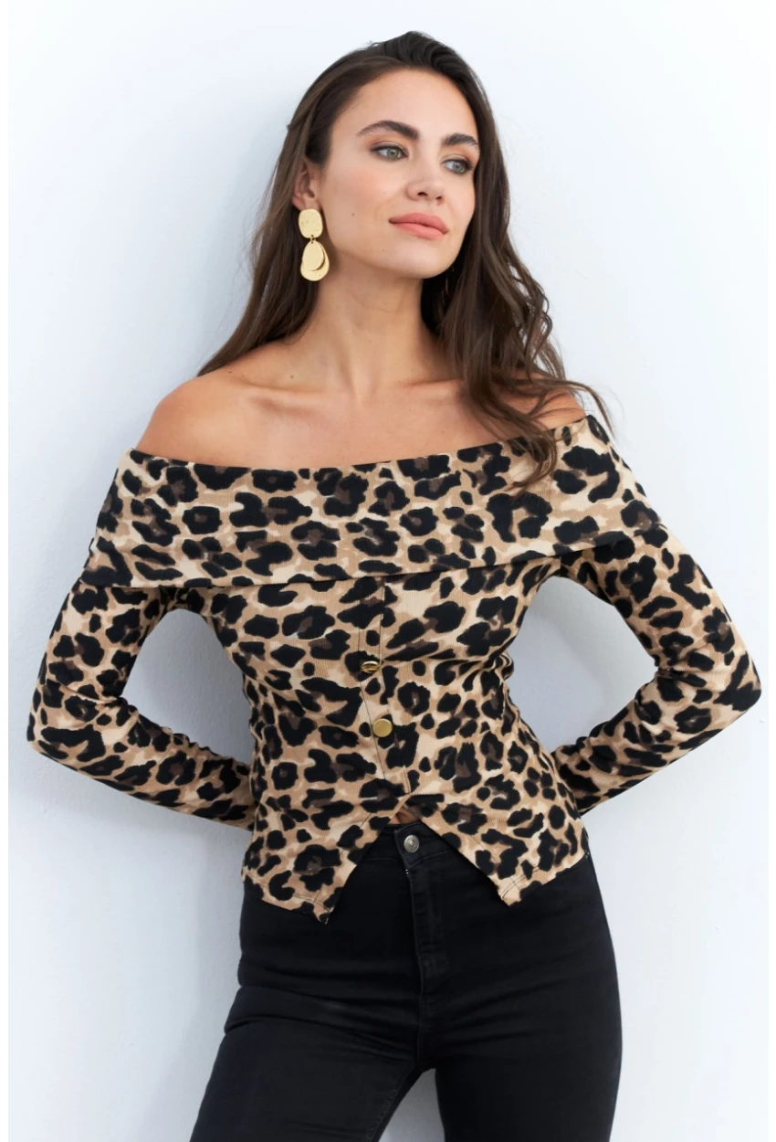 Kadın Camel-Siyah Madonna Yaka Leopar Bluz RLO77