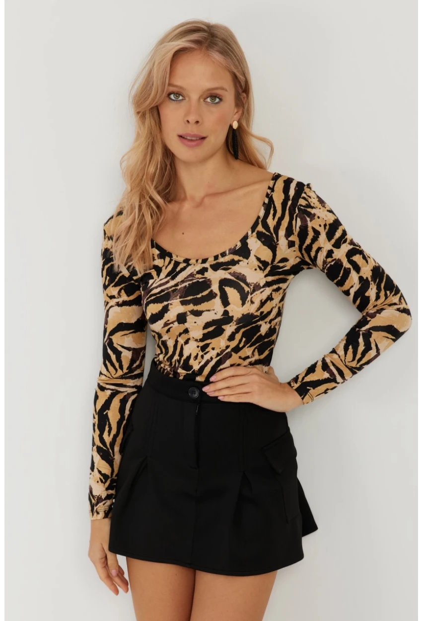 Kadın Camel-Siyah Ön Arka U Zebra Desenli Bluz LPP1266