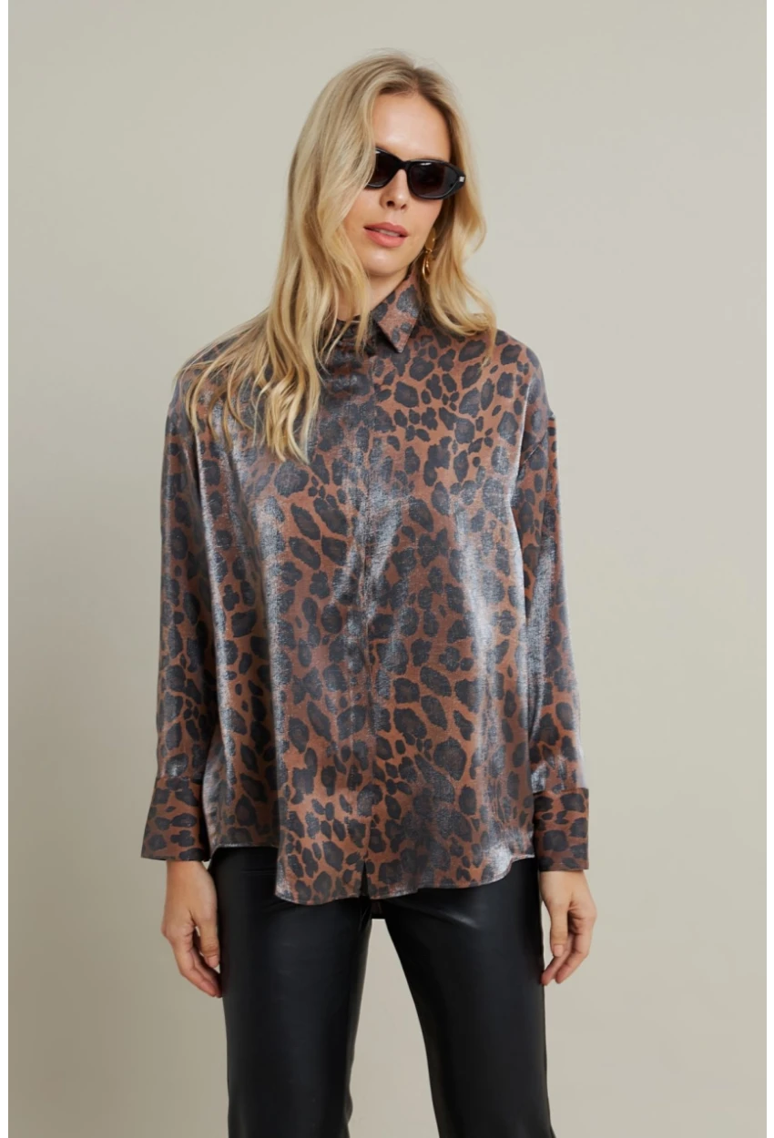 Kadın Camel-Siyah Parlak Leopar Salaş Gömlek MMİW1000