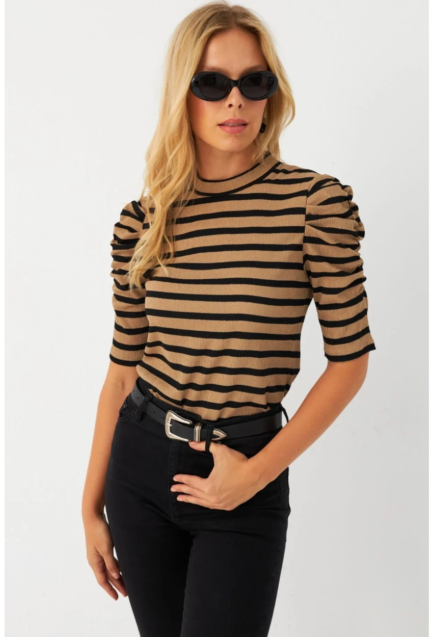 Kadın Camel-Siyah Prenses Kol Bluz MAYD12