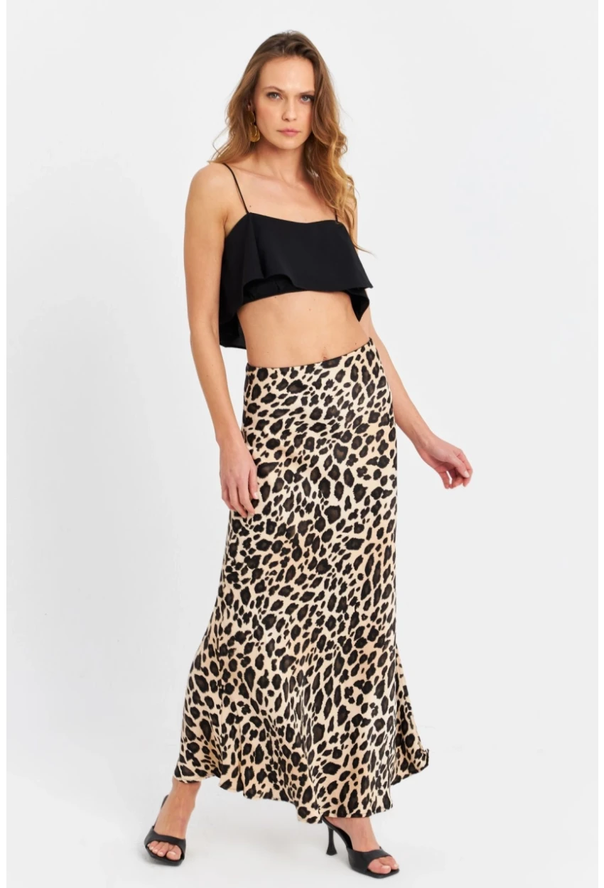 Kadın Camel-Siyah Saten Leopar Etek CAR2431