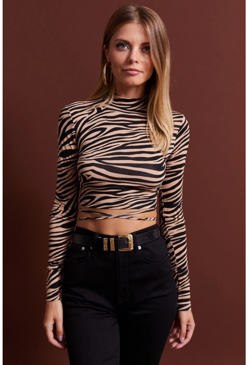 Kadın Camel-Siyah Sırt Dekolteli Zebra Desenli Crop Bluz LPP1131