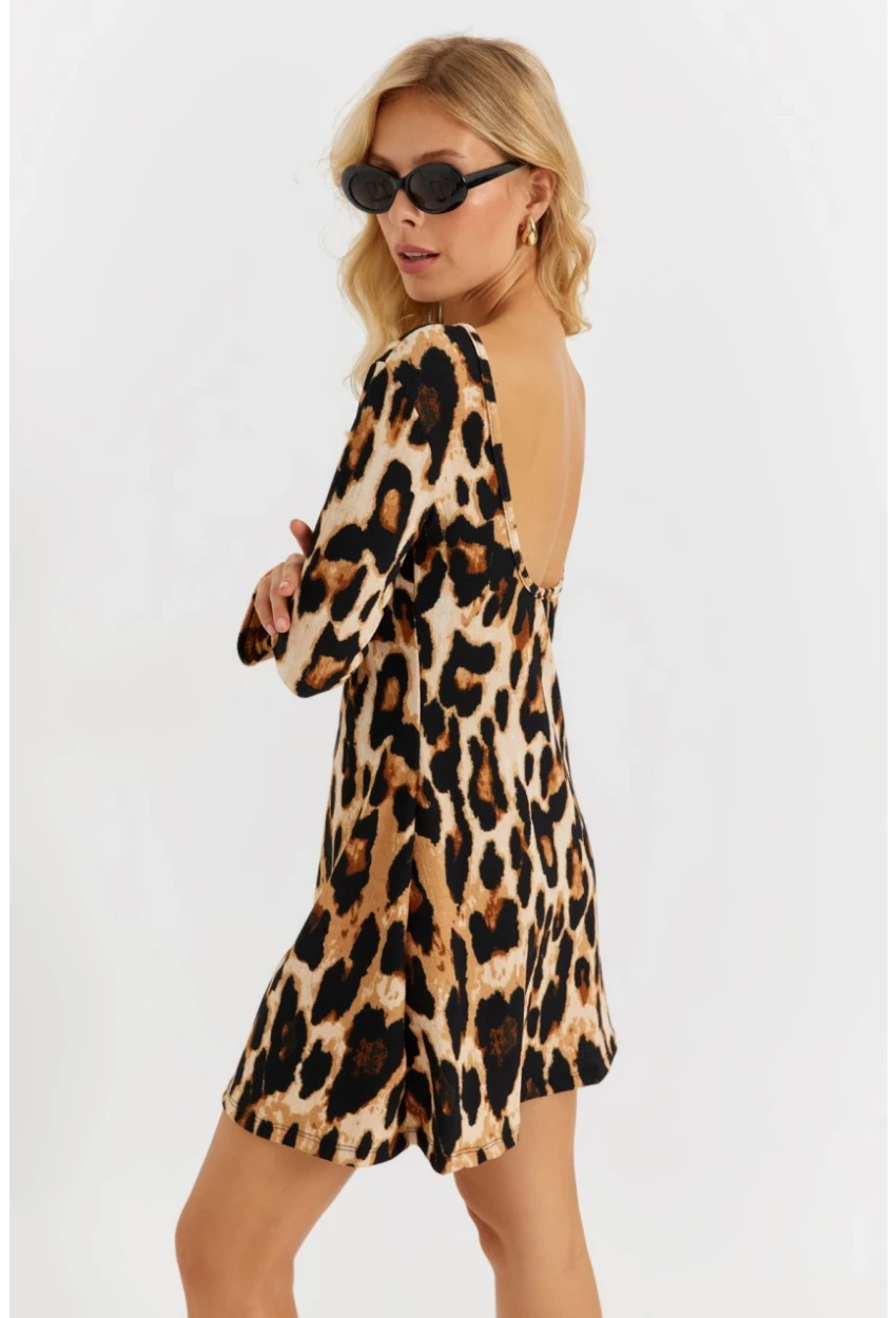 Kadın Camel-Siyah Sırtı Açık Leopar Desenli Midi Elbise EY2891