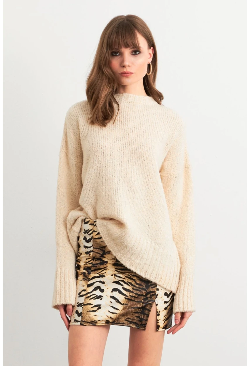 Kadın Camel-Siyah Suni Deri Zebra Desenli Mini Etek NH24475