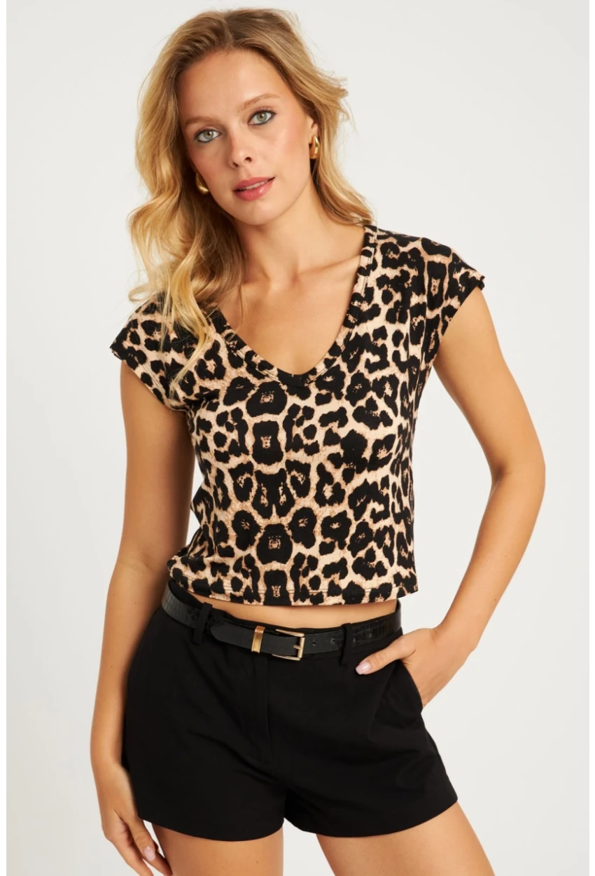 Kadın Camel-Siyah V Yaka Desenli Bluz LPP1285