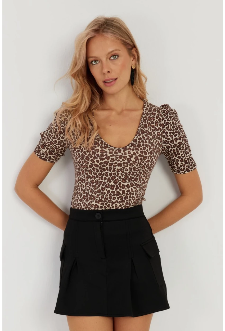Kadın Camel-Siyah V Yaka Leopar Bluz LPP1263