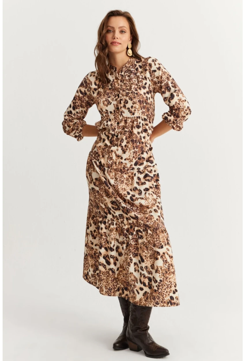 Kadın Camel-Siyah Volanlı Desenli Maxi Elbise YLE14