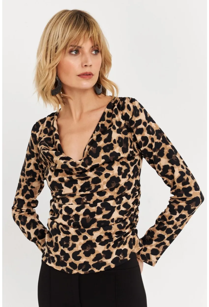 Kadın Camel-Siyah Yanları Büzgülü Degaje Leopar Bluz FRY2272
