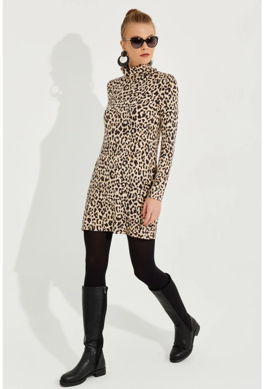 Kadın Camel-Siyah Yumoş Leopar Mini Elbise AYD253