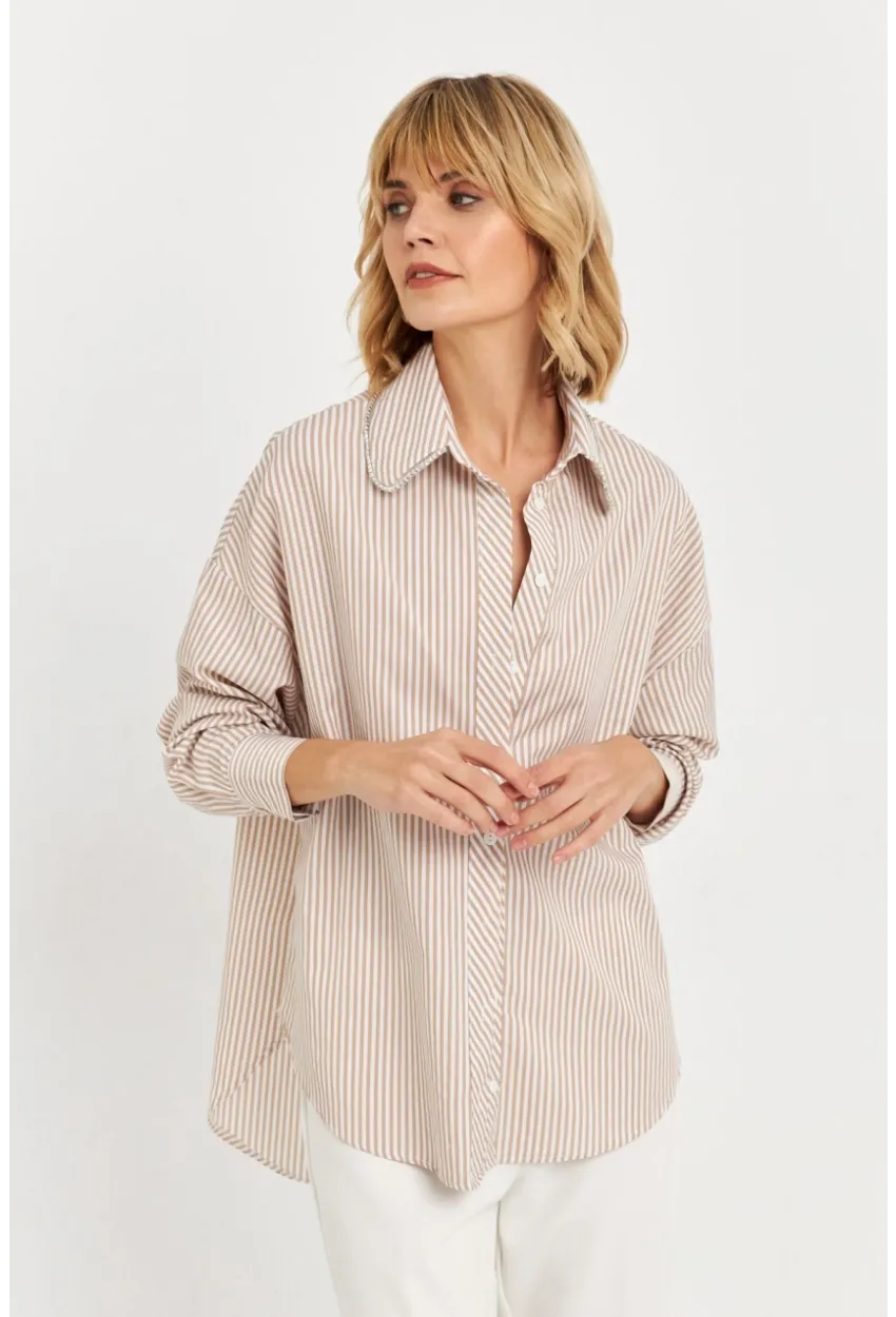 Kadın Camel Taş Detaylı Çizgili Gömlek KED4088