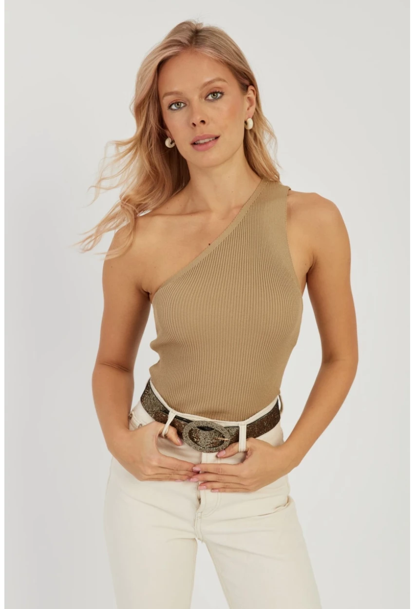 Kadın Camel Tek Omuz Triko Bluz YV90