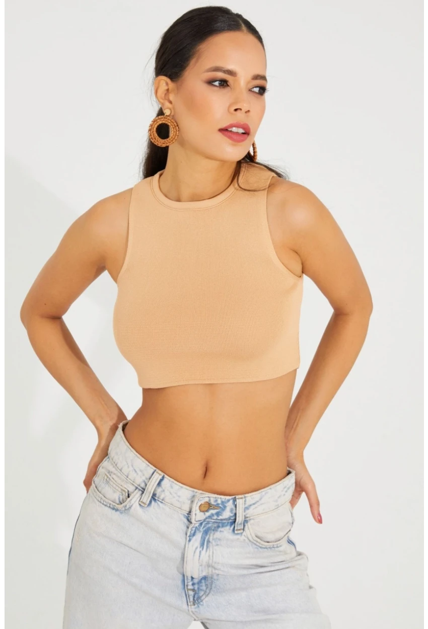 Kadın Camel Triko Crop Triko Bluz KZ2447