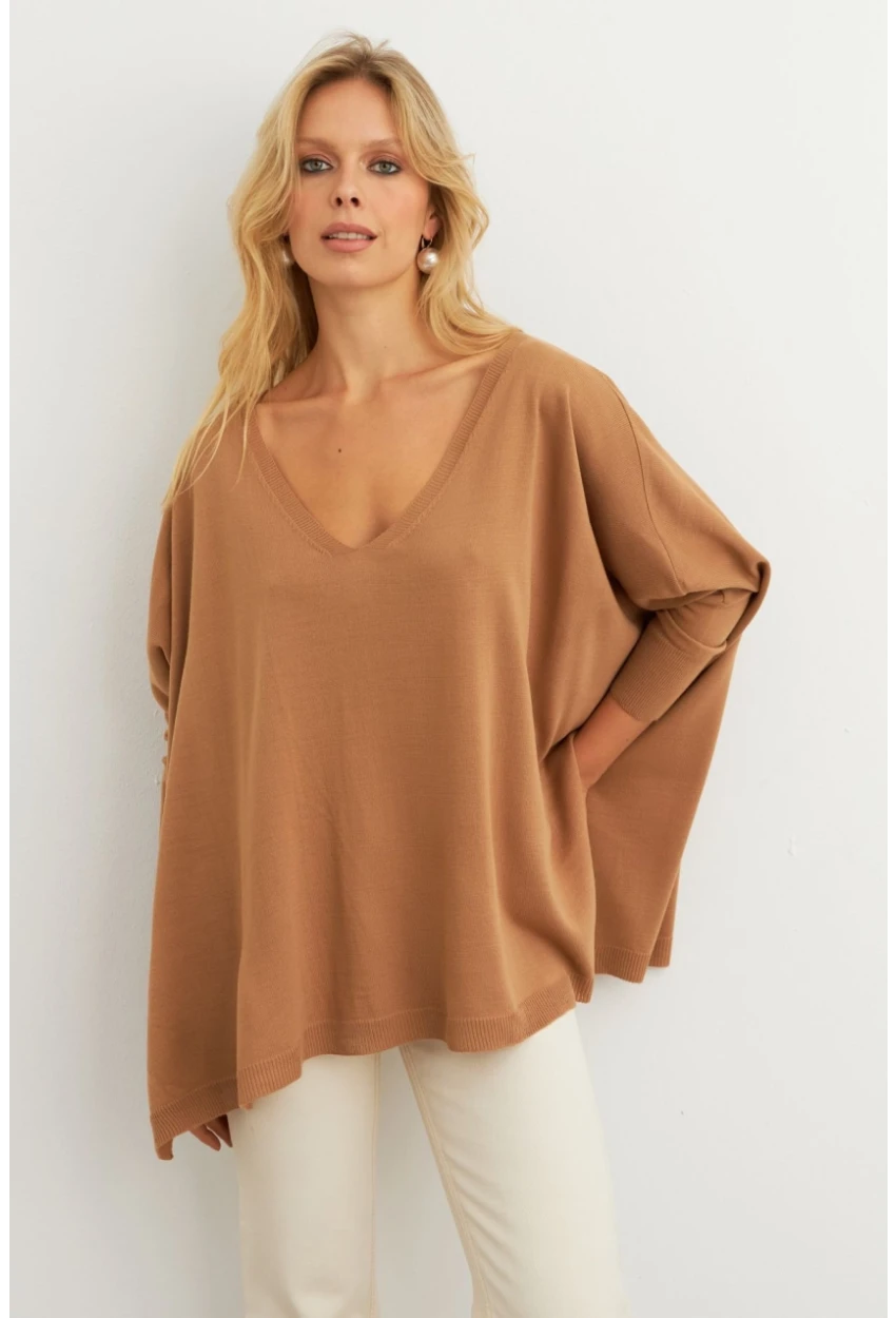 Kadın Camel V Yaka Salaş Bluz YV304