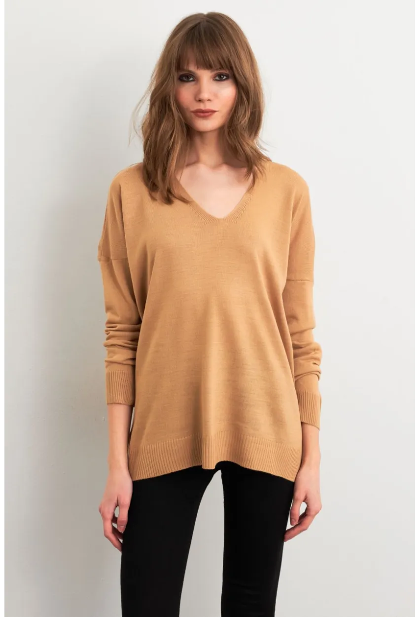 Kadın Camel V Yaka Triko Kazak YİL549