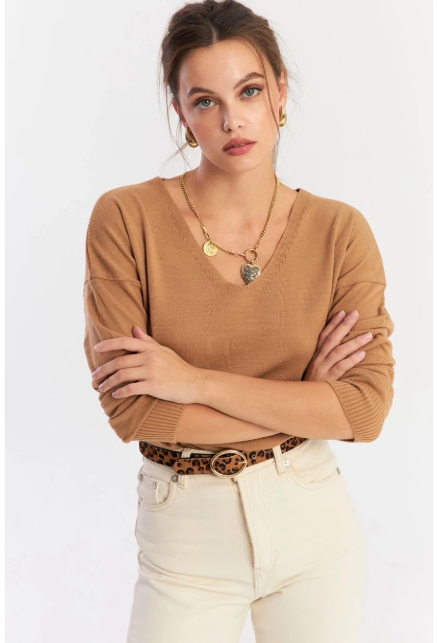 Kadın Camel V Yaka Yalaş Triko Bluz YİL552