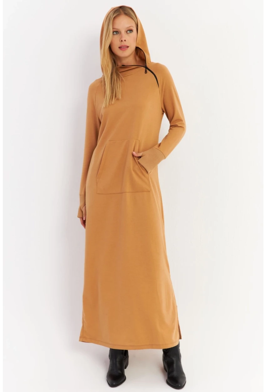 Kadın Camel Yakası Fermuarlı Maxi Sweat Elbise MTF12