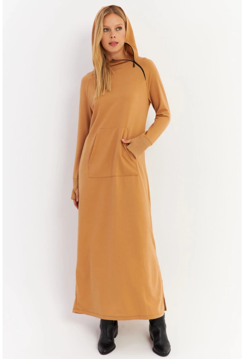 Kadın Camel Yakası Fermuarlı Maxi Sweat Elbise TF12