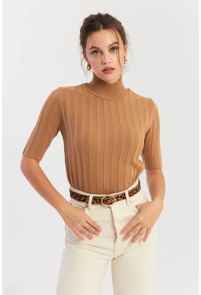 Kadın Camel Yarım Balıkçı Triko Bluz YV287