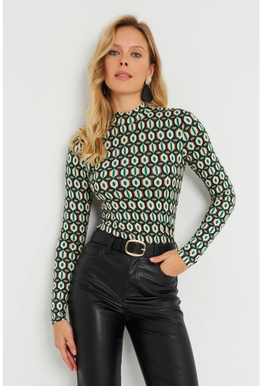 Kadın Desenli Bluz Ekru-Yeşil AYD288