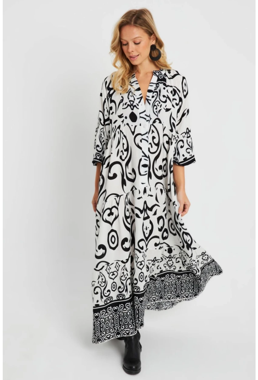 Kadın Desenli Salaş Maxi Elbise Beyaz-Siyah Q981