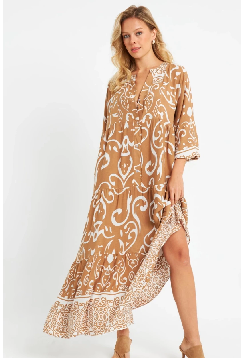 Kadın Desenli Salaş Maxi Elbise Camel Q981