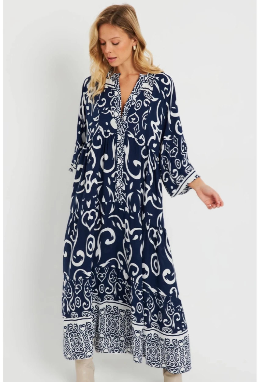 Kadın Desenli Salaş Maxi Elbise Lacivert Q981