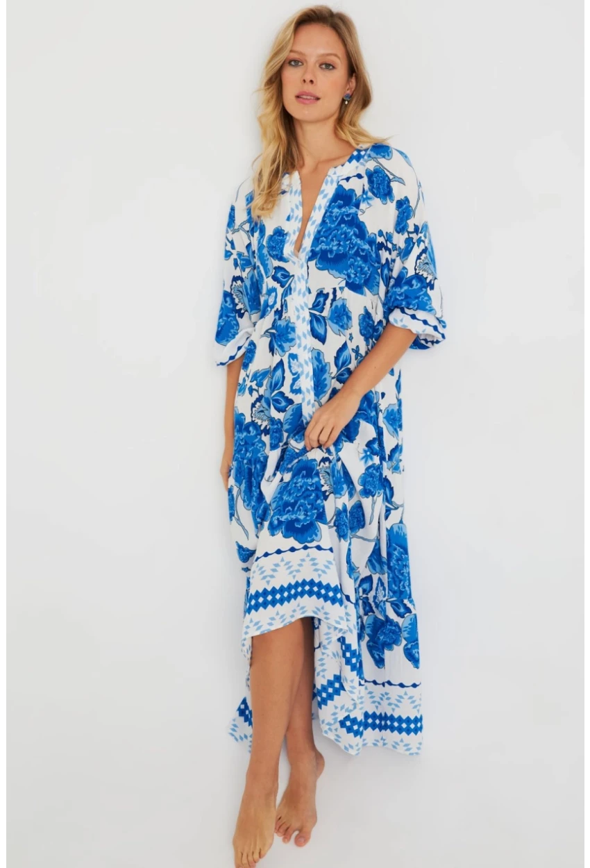 Kadın Desenli Salaş Maxi Elbise Mavi Q981