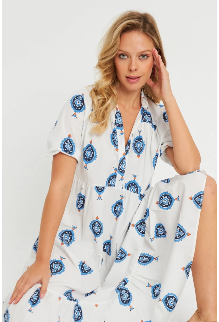 Kadın Desenli Salaş Mini Elbise Beyaz ASH23046