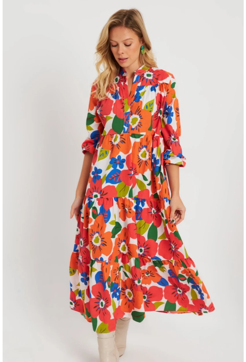 Kadın Desenli Salaş Mini Elbise Turuncu ASH23046