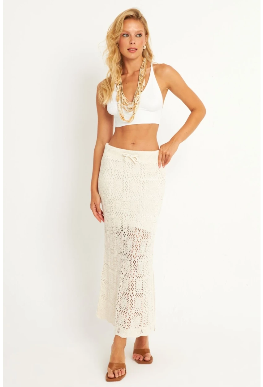Kadın Ekru Ajurlu Astarlı Triko Maxi Etek TOP05