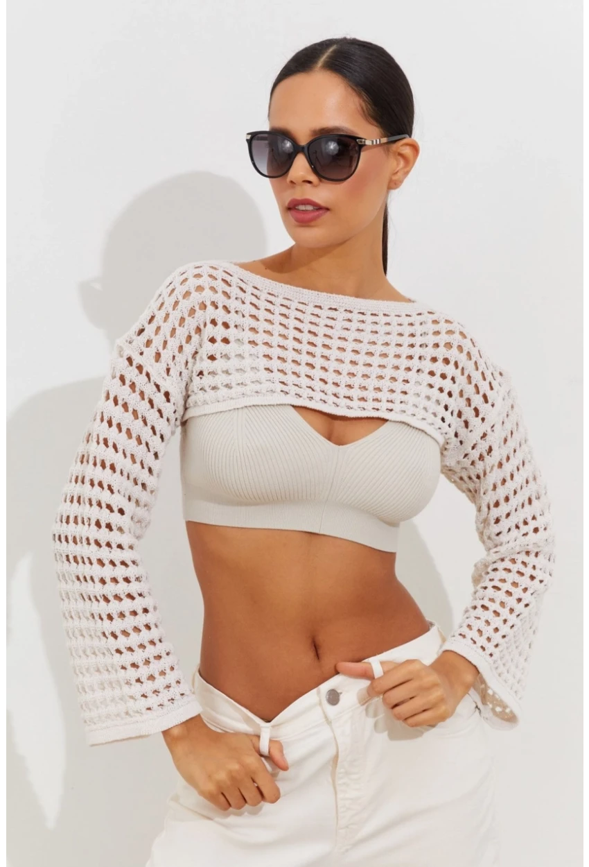 Kadın Ekru Ajurlu Bolero YV115