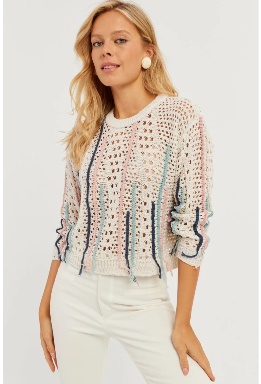Kadın Ekru Ajurlu Renkli Triko Bluz MİW2761