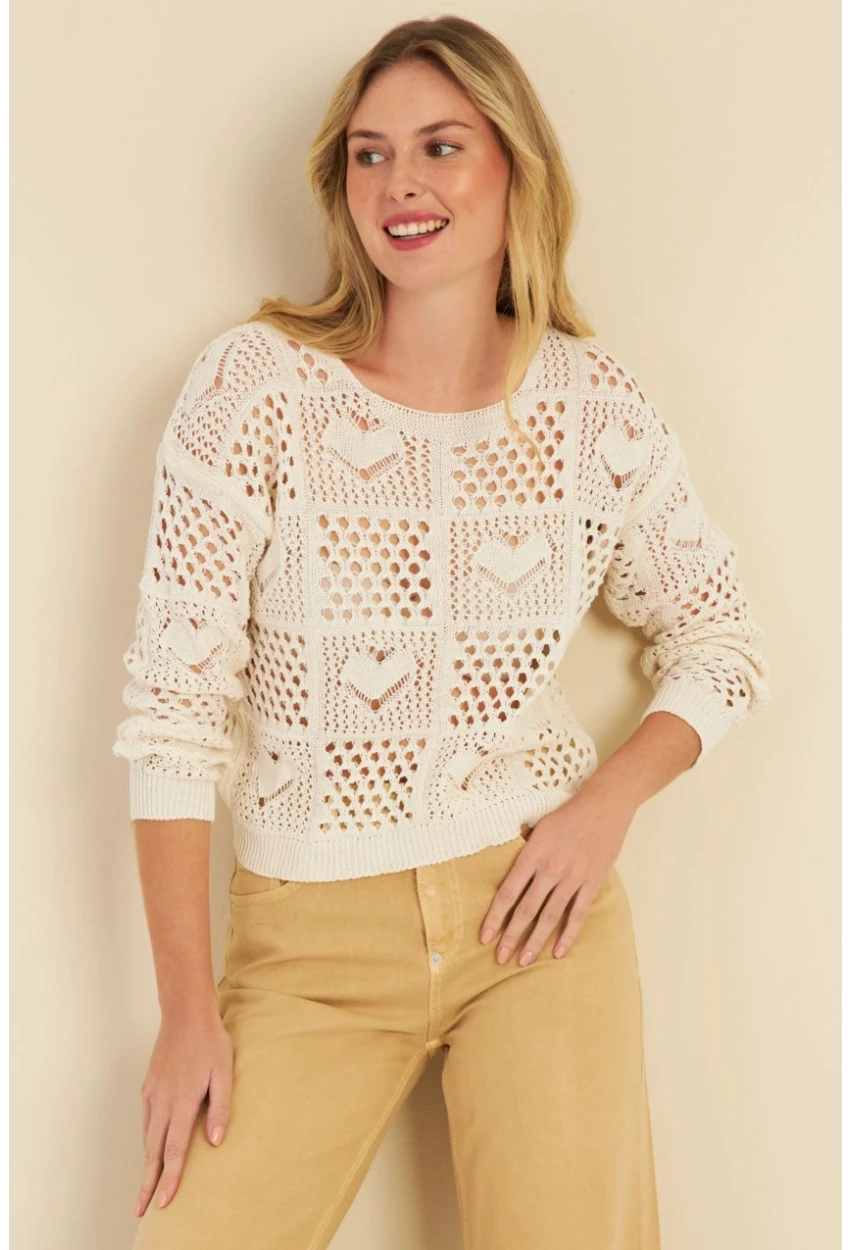 Kadın Ekru Ajurlu Triko Bluz  MZU601