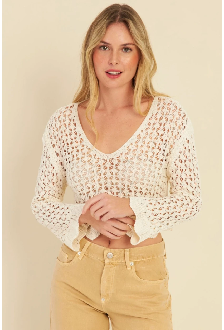 Kadın Ekru Ajurlu Triko Bluz MZU603