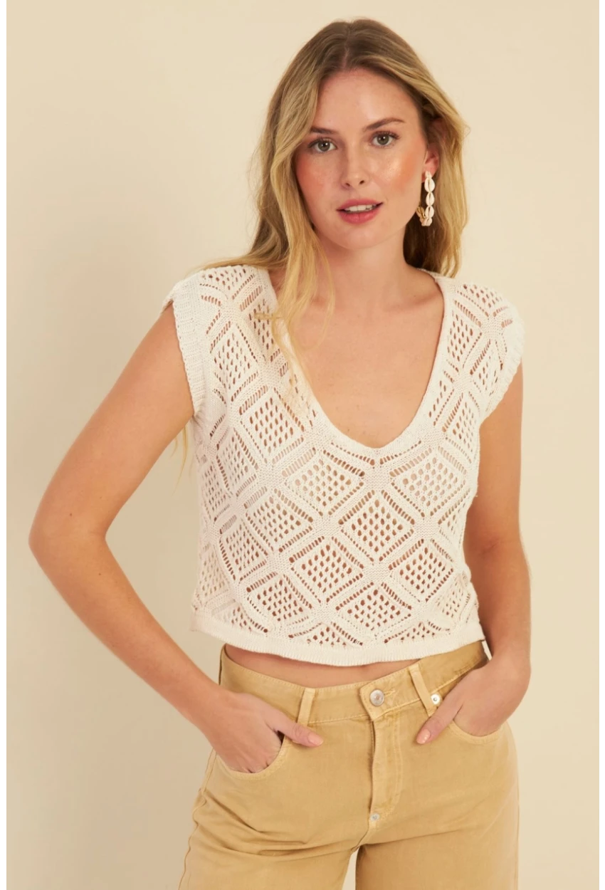 Kadın Ekru Ajurlu Triko Bluz MZU606