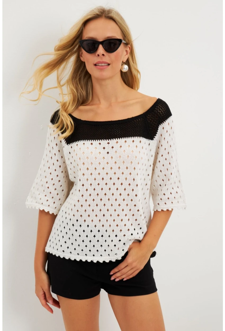 Kadın Ekru Ajurlu Triko Bluz YV230
