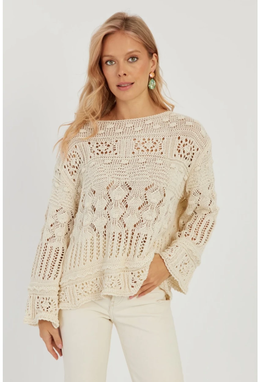 Kadın Ekru Ajurlu Triko Bluz YZ620