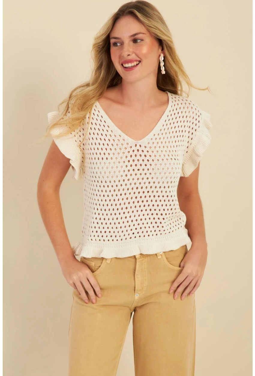 Kadın Ekru Ajurlu Triko Bluz ZU607