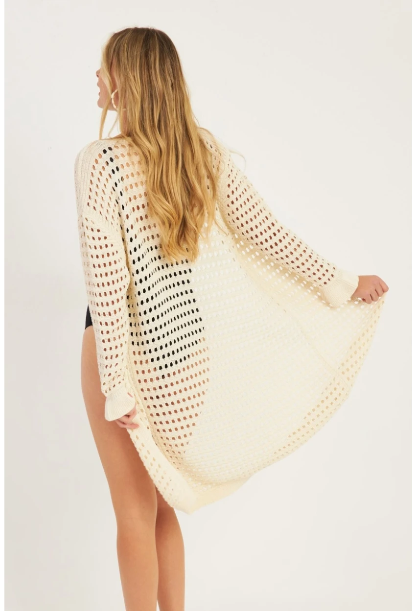 Kadın Ekru Ajurlu Triko Hırka ZU608