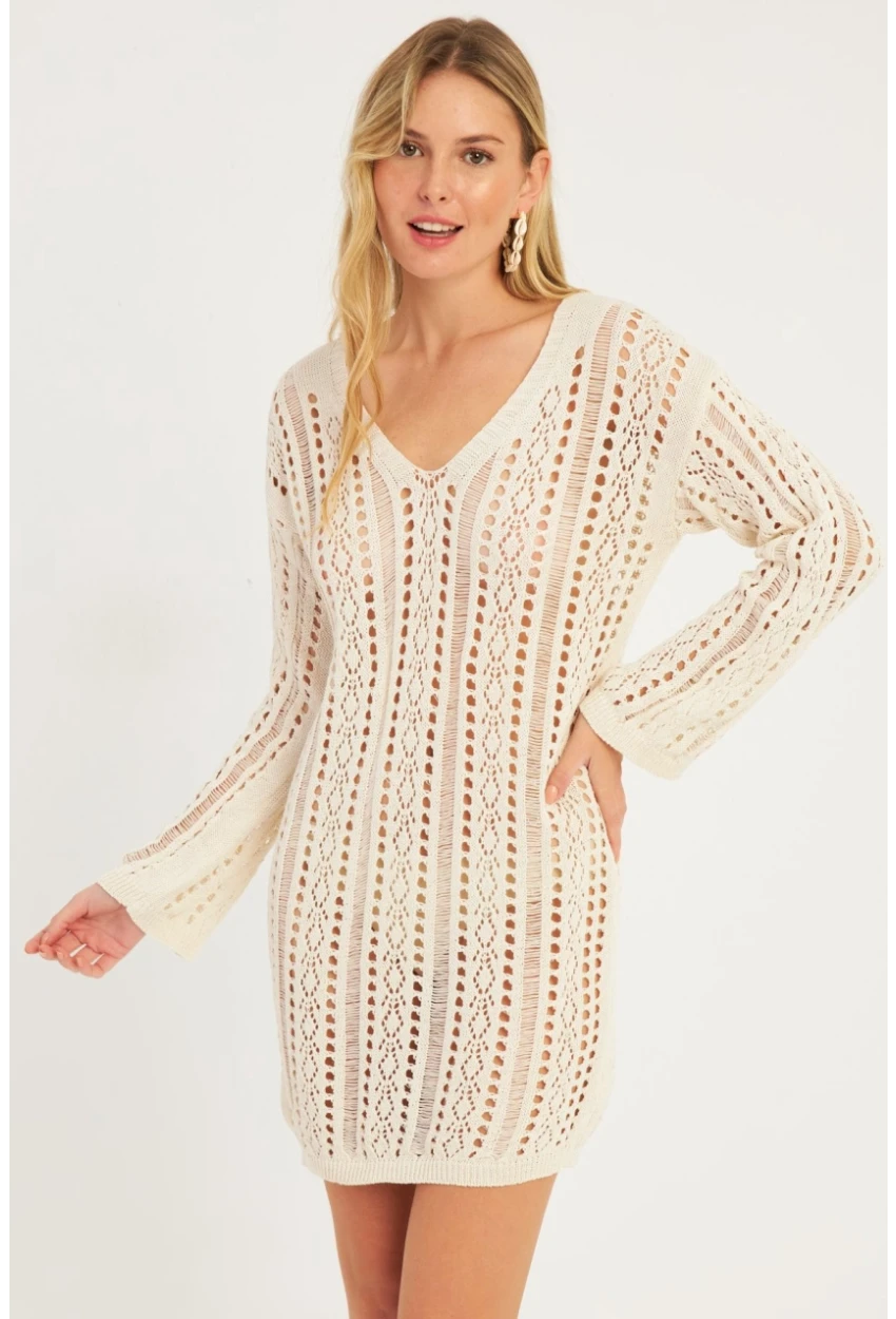 Kadın Ekru Ajurlu Triko Mini Elbise MZU605