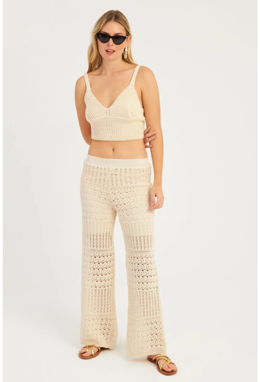 Kadın Ekru Ajurlu Triko Pantolon YZ3062