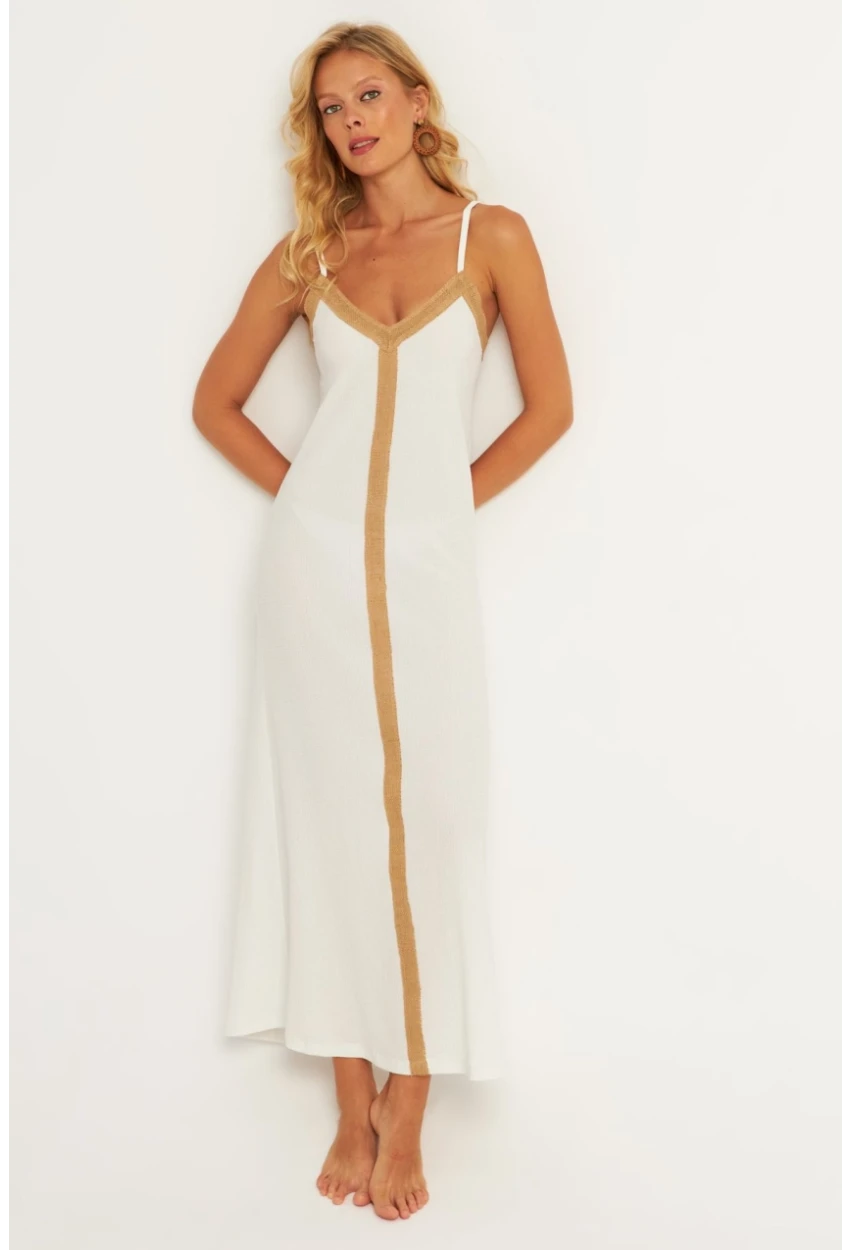 Kadın Ekru Aksesuarlı Bürümcük Midi Plaj Elbise EY2839
