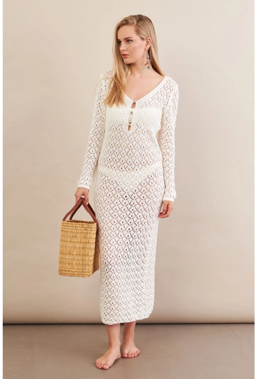 Kadın Ekru Aksesuarlı Triko Plaj Elbisesi KZ3237-90