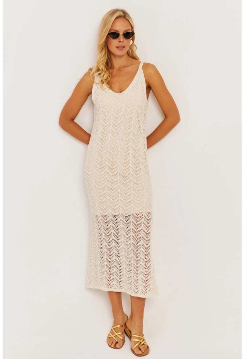 Kadın Ekru Askılı Astarlı Elbise YZ629
